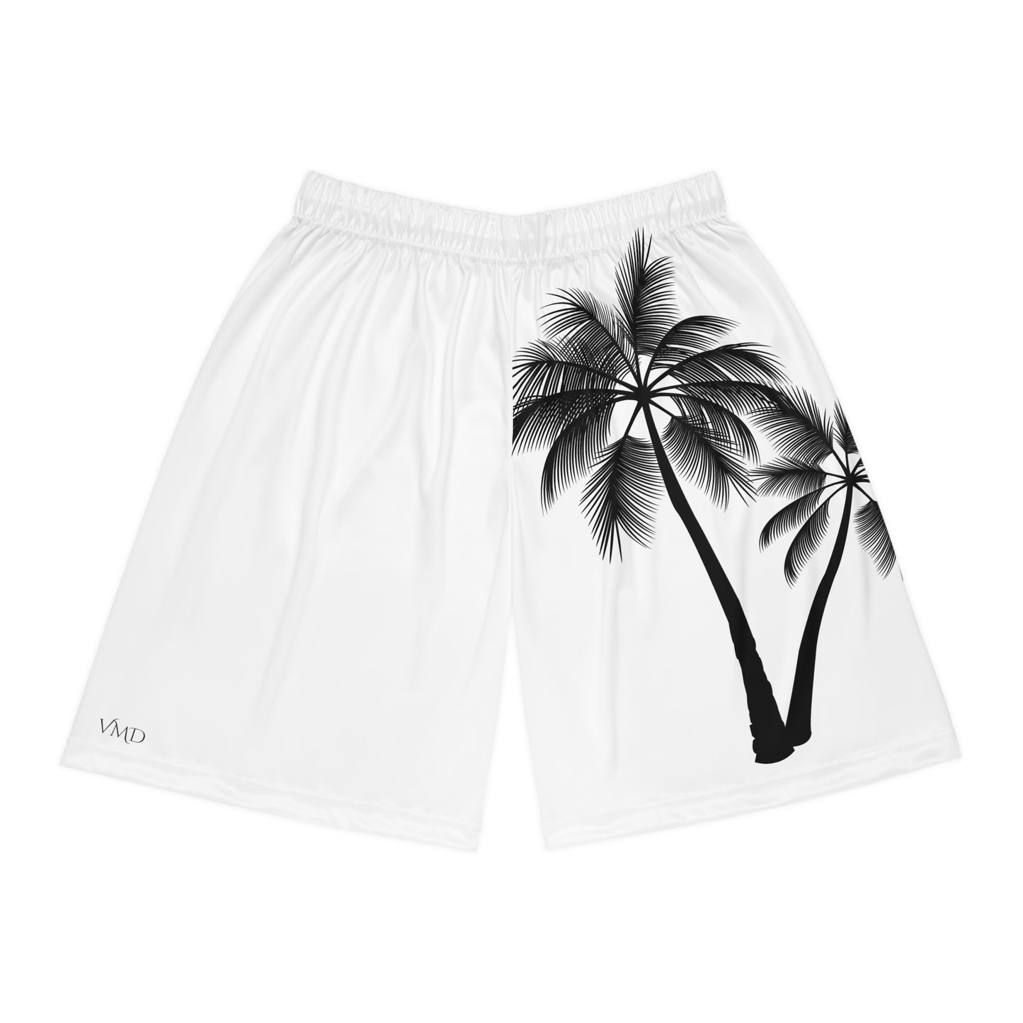 Basketball Shorts (AOP)/2 Palm Trees/Black/White