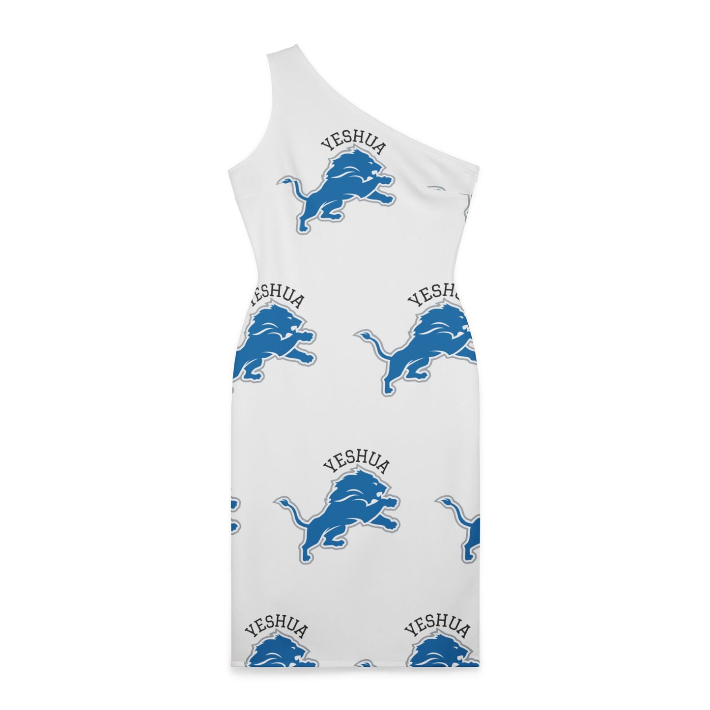 Woman's Shoulder Dress (AOP)Yeshua/Blue/White/Lion