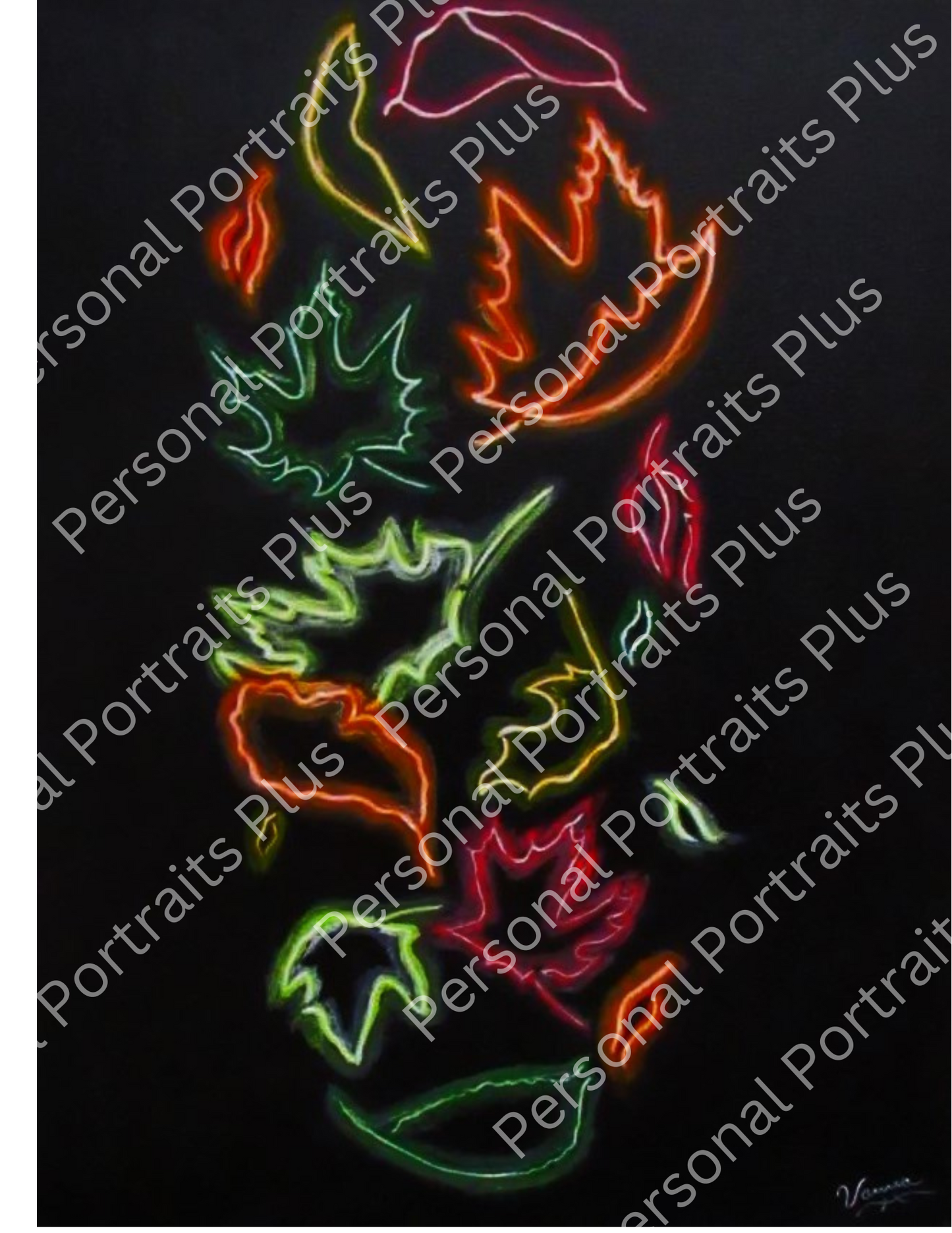 Hand painted Fall Leafs Portrait Print Neon Acrylic